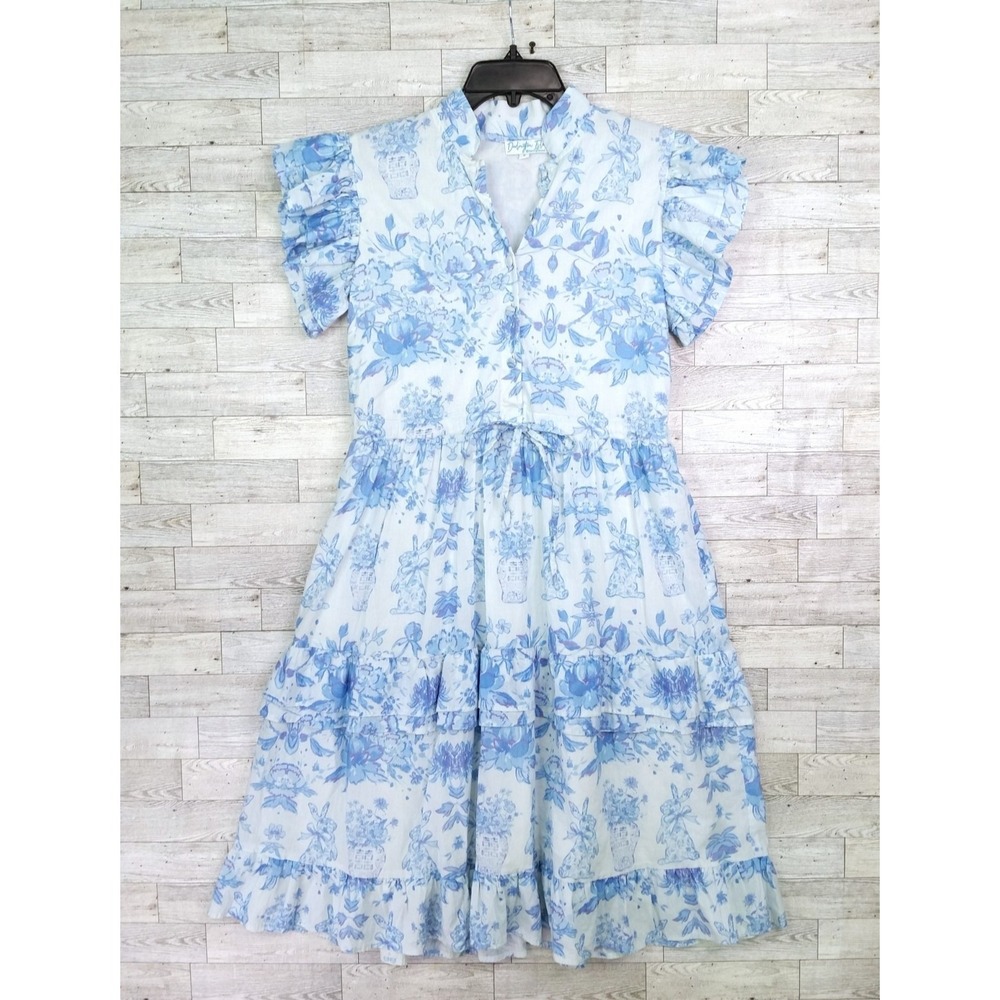 Women's Darlington Isle Floral Dress Blue Print Easter Bunnies Size Small S